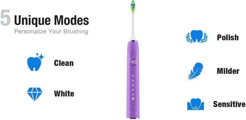 7AM2M Ultrasonic Electric Toothbrush with 6 Brush Heads for Adults&Kids, One Charge for 120 Days, USB-C Charge, 5 Modes, 40000VPM Powered Toothbrush, 2 Minutes Built in Smart Timer (Purple) - Image 2